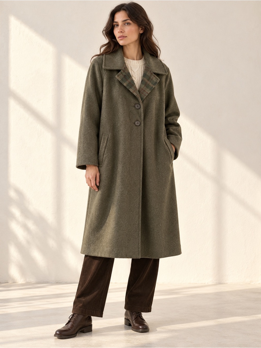 Vintage Giuliana Olive Wool Alpaca Loden Coat Plaid Lapels US Sz 8
